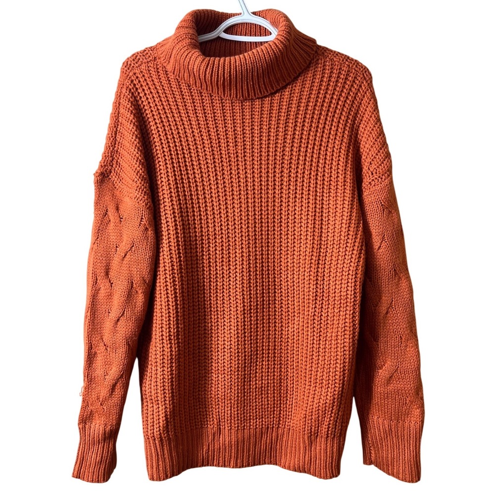 Brick Red Chunky Cable Knit Turtleneck Oversized Sweater Medium Size M